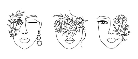 Vrouwen gezichten in één lijn kunststijl met bloemen en bladeren. Doorlopende lijntekeningen in elegante stijl voor prints, tatoeages, posters, textiel, kaarten enz. Mooie vrouw gezicht vectorillustratie