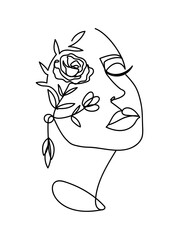 Continuous line art poster with women's portrait and flowers. Fashion vector illustration in line art style for logo, print, beauty, fashion,social networks,tattoo etc.One line woman freehand portrait