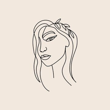 Continuous line art poster with women's portrait and flowers. Fashion vector illustration in line art style for logo, print, beauty, fashion,social networks,tattoo etc.One line woman freehand portrait