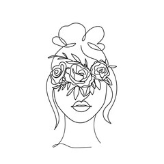 Beautiful woman face silhouette with bun and flowers in line art style. Continuous line vector fashion illustration. Abstract face with flowers for cards, prints, fashion, bridal shower etc.