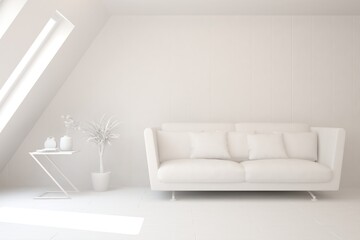 White minimalist living room with sofa. Scandinavian interior design. 3D illustration