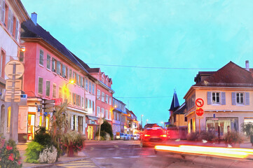 Fototapeta premium Old street at european town colorful painting looks like picture