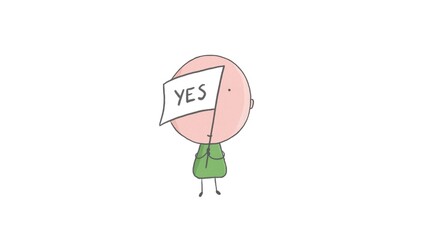Pencil drawing of a boy holding a flag with a word yes