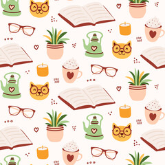 Cozy reading seamless pattern design with with book, cat, glasses, plant, hot chocolate, candle, and tea kettle