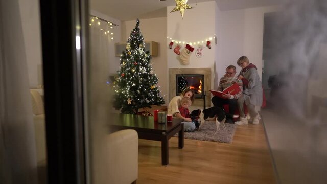 A happy family, an elderly couple, their daughter and little grandson and a dog have fun by the fireplace on Christmas evening. Family celebrating christmas, view through the window with frost