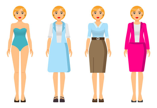 Cartoon characters. Woman blond with short haircut wearing different clothes. Girl in underwear. Businesslady wear business and home dress, skirt and blouse, office suit with jacket. Set of clothes