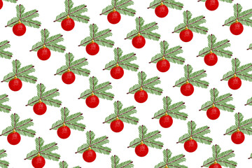 Reisigzweige mit Christbaumkugeln als Hintergrund für Advent und Weihnachten, Dekorative Tapete in Rot, Grün, Weiß illustration