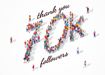70K Followers. Group of business people are gathered together in the shape of 70000 word, for web page, banner, presentation, social media, Crowd of little people. Teamwork. Vector illustration
