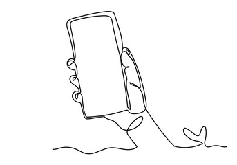 Continuous one line drawing of of hand holding smartphone