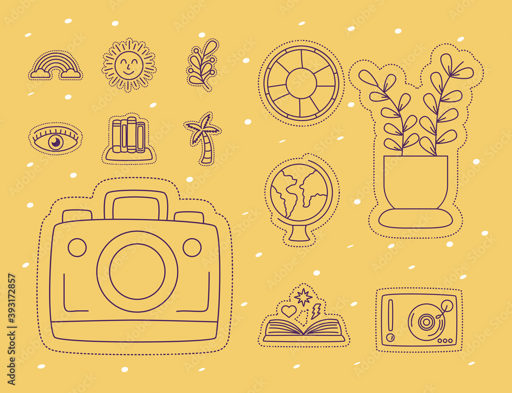 Poster camera pothographic and set stickers line style icons