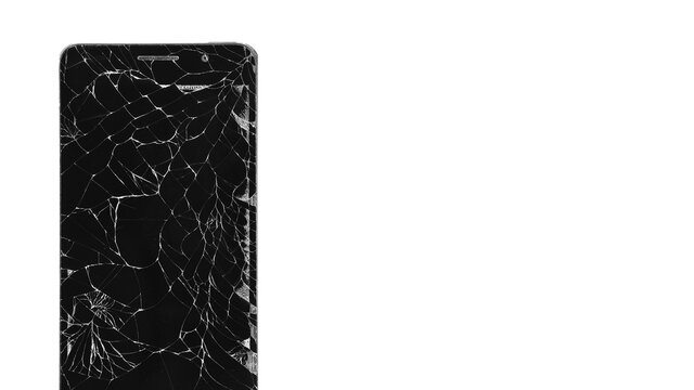 Smartphone with broken display isolated on white background. Smartphone repair. Smartphone display replacement. Copy space for the text.