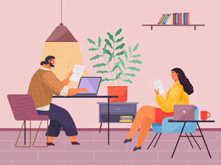 Workers in office, man sitting at table under lamp and working with document, report using laptop, internet, woman reading agreement, businesspeople working in stylish office with decorative elements