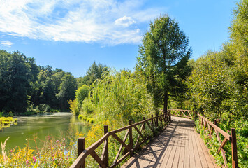Fototapeta premium Wooden walkways along the Khimki river. Eco trail. Pokrovskoe-Streshnevo Natural and Historical Park. Moscow. Russia