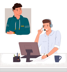 Fototapeta na wymiar Man operator of call center or hotline. Smiling consultant with headset and computer talking with customer. Client listening manager. Video conference meeting. Manager of tech support working