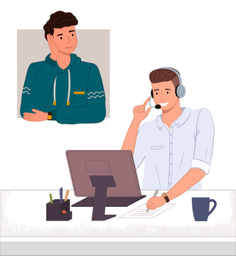 Man operator of call center or hotline. Smiling consultant with headset and computer talking with customer. Client listening manager. Video conference meeting. Manager of tech support working