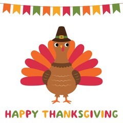 Happy Thanksgiving vector greeting card with a cartoon turkey
