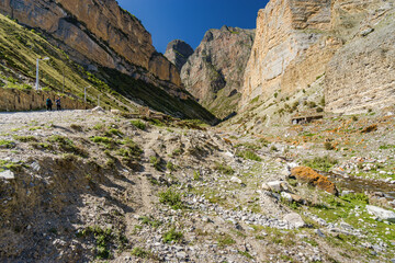 Sunny view of  mountains and Eltyulbyu village in North Caucasus, Kabardino-Balkaria, Russia.