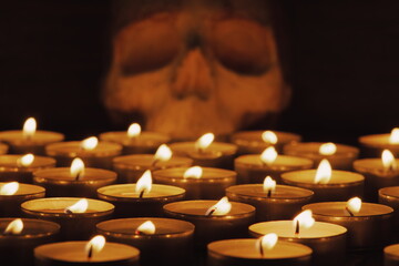 Burning candles. Shallow depth of field. Many christmas candles burning at night. Abstract candles...