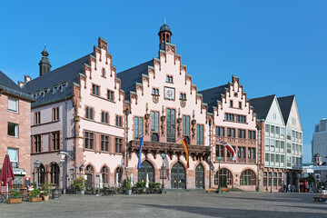 Fototapeta na wymiar The famous eastern facade of Romer in Frankfurt am Main, Germany. The Romer is a medieval building and one of the city's most important landmarks. It has been the city hall for over 600 years.