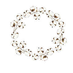 White cotton branches with flowers round frame. Hand drawn watercolor illustration.
