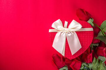 Valentine day Greeting background, heart shaped gift box with red ribbon bow, copy space for your text