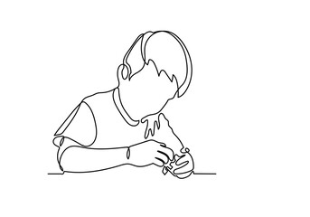 Continuous line of boy sitting and playing happily to plastic co