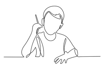 Continuous line of schoolboy raising his hand and pencil, idea a