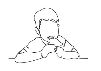 Continuous line of Asian boy is happy to eat pizza with a hot ch