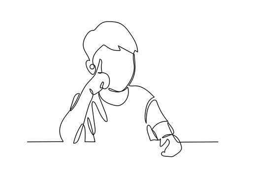 Continuous line of schoolboy raising his hand and pencil, idea a - Powered by Adobe