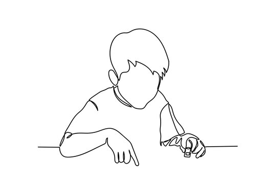 Continuous line of schoolboy raising his hand and pencil, idea a