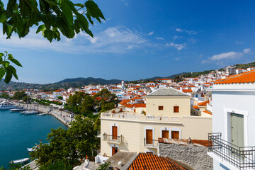 View of the harbour in Skopelos town, Greece.