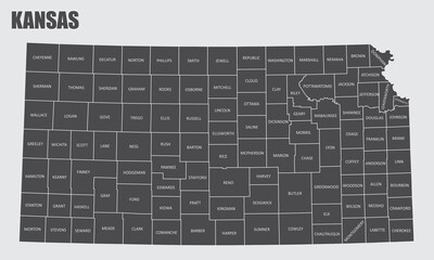 Kansas County Map - obrazy, fototapety, plakaty