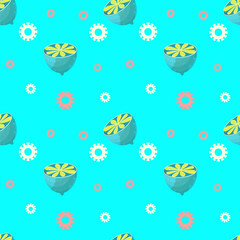 Seamless pattern with lemon and gears on a light blue background. Unusual lemon in the cut. Vector illustration. The pattern for the tablecloth or napkins..