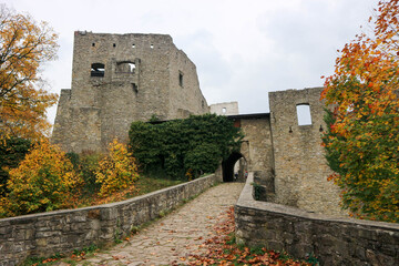 beautiful autumn view of the main gate ofmedieval castle Hukvaldy, Czech republic