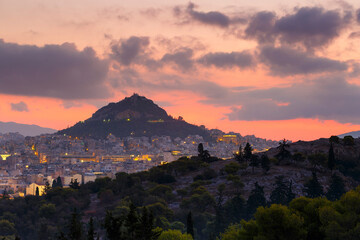 Lycabettus hill and view of the city of Athens, Greece.