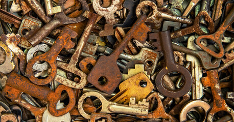 Many old keys, metal background