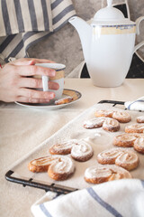 Anonymous lady is drinking tea with puff cookies. Selective focus.