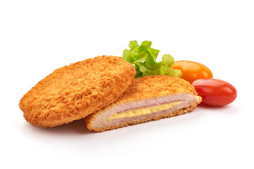 Fried Chicken Cordon bleu in breadcrumbs, isolated on a white background