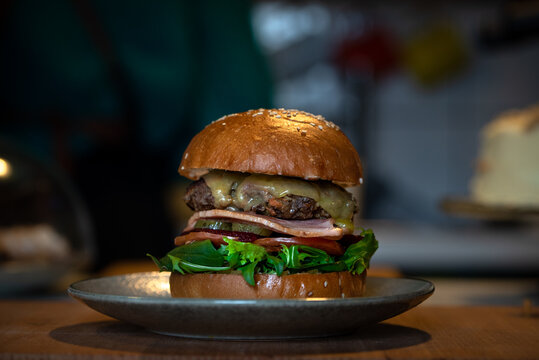 lunchtime beef burger at cafe