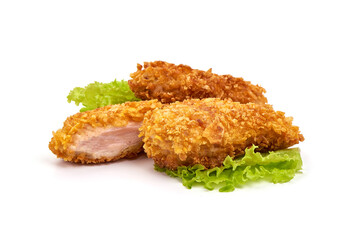 Fried Chicken strips in breadcrumbs, isolated on white background