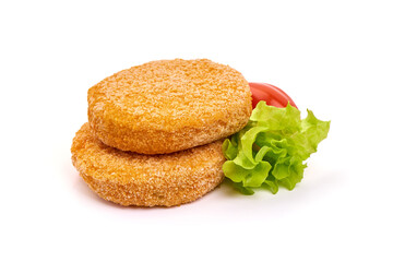 Burger cutlets in breadcrumbs, Fishcake, isolated on white background
