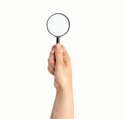 Magnifying glass in hand isolated on white