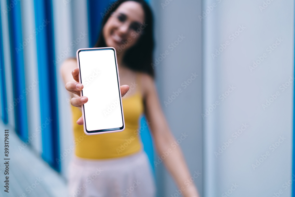 Poster selective focus on modern blank smartphone gadget with copy space area for internet web advertising,