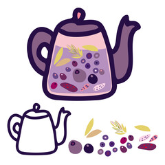 Isolated vector colorful set design of lined ornamental glass tea pot with fruits