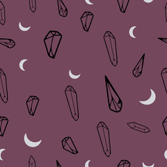 Crystals and moon seamless pattern on purple background