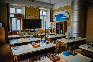 Interior of an old empty chemistry class laboratory in a school