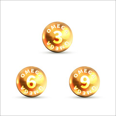 Fototapeta premium Set of bright glossy icons of omega 3, 6, 9 on white