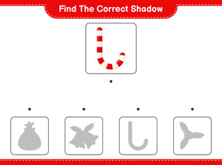 Find the correct shadow. Find and match the correct shadow of Candy Canes. Educational children game, printable worksheet, vector illustration
