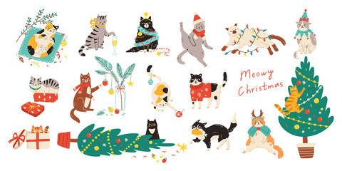 Obraz na płótnie Canvas Merry Christmas! Bundle of cats celebrating winter holiday. Vector illustration of cute pets wearing costumes, climbing Christmas tree and being naughty in flat cartoon style. Elements are isolated.