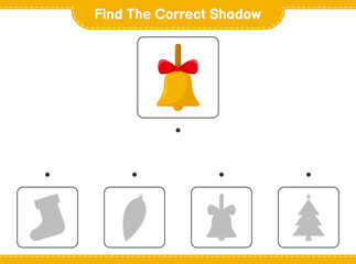 Find the correct shadow. Find and match the correct shadow of Golden Christmas Bells. Educational children game, printable worksheet, vector illustration